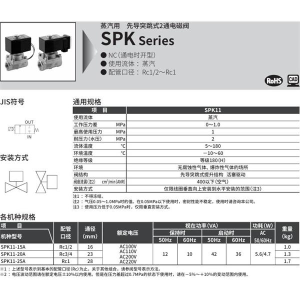 CKD喜開理蒸汽用先導(dǎo)突跳式2通電磁閥SPK11-15A-C4A-AC100V