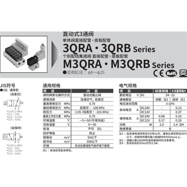 CKD喜開理直動式3通電磁閥M3QRA130-M5-C2-2-3