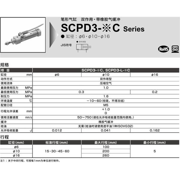 CKD喜開理筆形氣缸SCPD3-CB-16C-200-0-B2