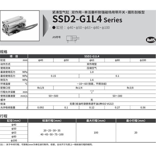 CKD喜開理緊湊型氣缸SSD2-G1L4-50-40-V0-D-N-LB-I