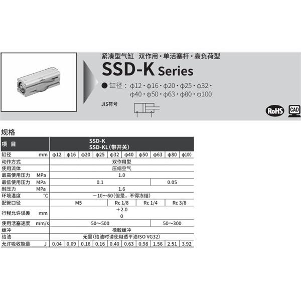 CKD喜開理超級緊湊型氣缸SSD-KL-100-5-T0H-R-N-LB-I