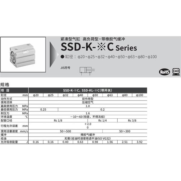 CKD喜開理超級緊湊型氣缸SSD-K-80C-10-N-LB-I