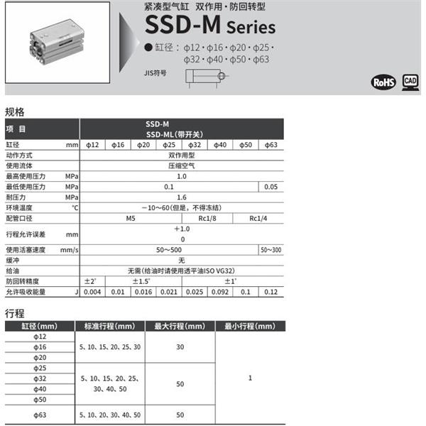 CKD喜開理超級緊湊型氣缸SSD-ML-16-5-T0H-R-N-LB-I